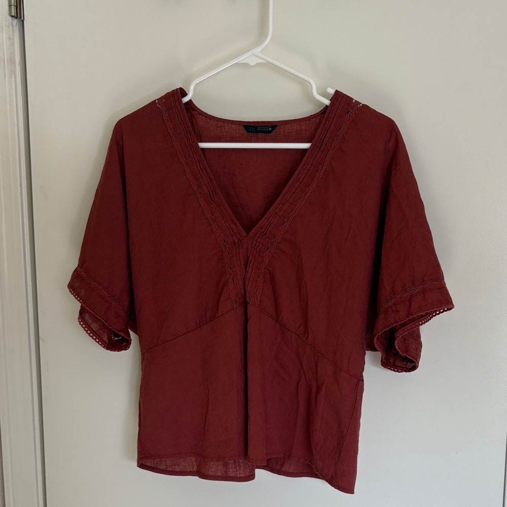 Zara Terracotta Red V-Neck Cotton & Linen Blouse - Size Medium